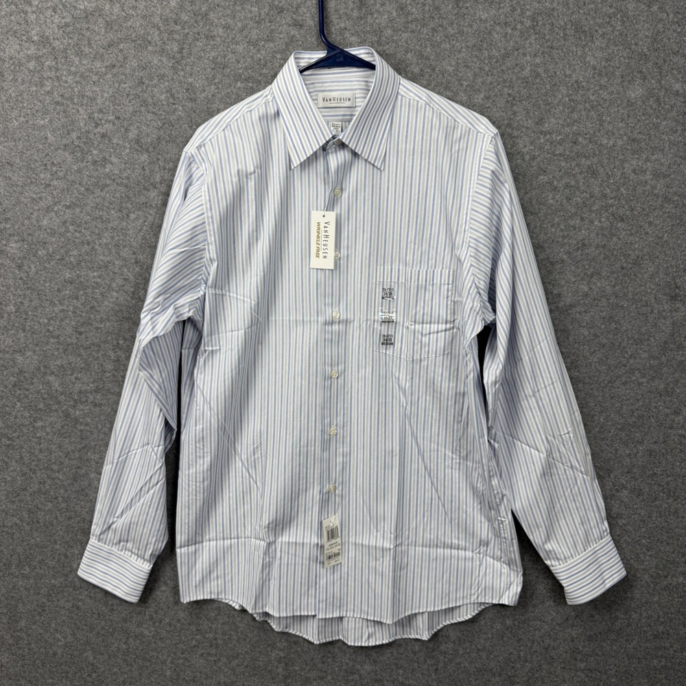Van Heusen Mens Dress Shirt 15-15.5 34/35 Blue White Striped Wrinkle Free NWT